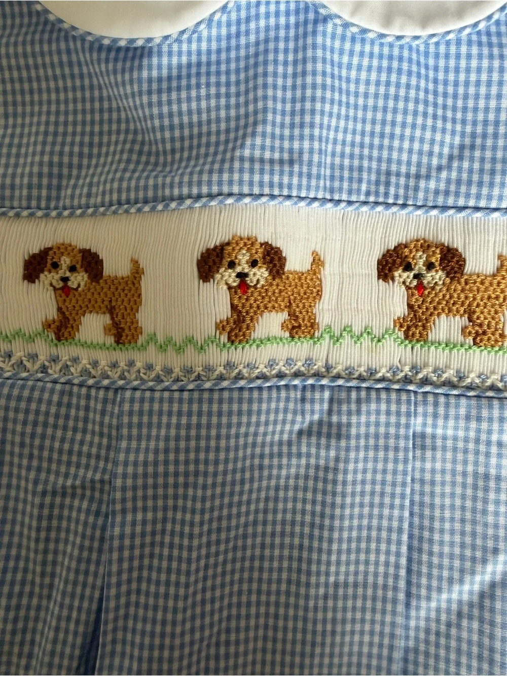 Blue Gingham Smocked Puppy Bubble Romper
